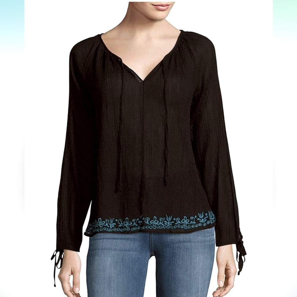 NWOT LoveShackFancy Black Peasant Blouse with Blue Embroidery